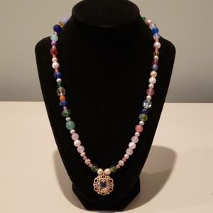 Multicolored bead necklace w/ jeweled pendant